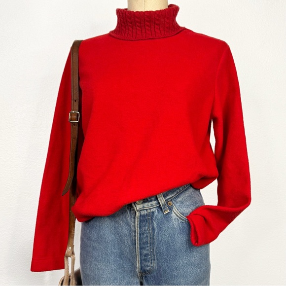 Vintage 90s Red Fleece Sweater Mock Neck Collar Petite Small Christmas Retro - Picture 1 of 7